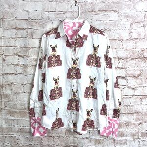 Tizzie French Bull Dog & Luggage Print Button Down Shirt Size Medium NEW